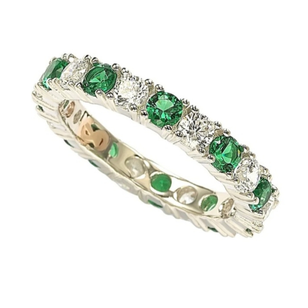 Suzy Levian Sterling Silver CZ And Green  Emerald Alternating Eternity Band
